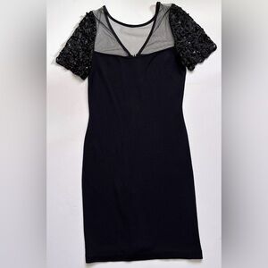 St. John Evening Illusion Mesh Applique Wool Knee Sheath Dress  sz 4 Deep Navy